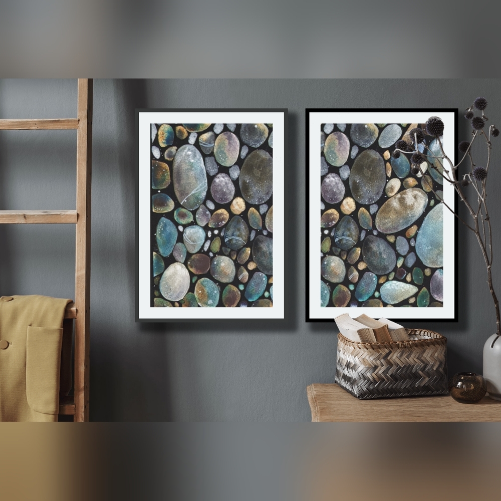 Set of 2 Watercolour Pebble Art Prints - Earthy Blue & Gray Stone Wall Decor